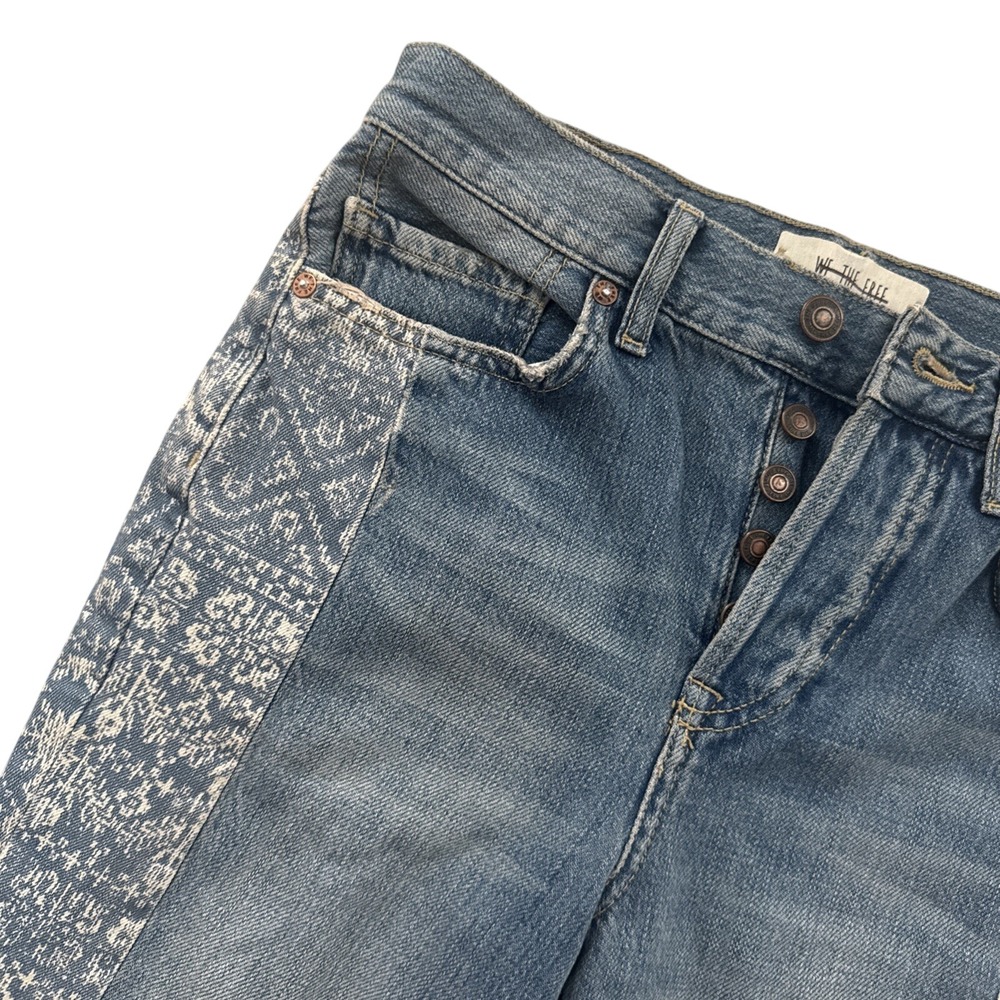 Free People We The Free Aztec Denim Size 24 Print Boho Chic Straight Leg Jeans
